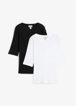 bonprix bonprix Camiseta de canalé con algodón orgánico (2 unidades) Negro-blanco Clearance