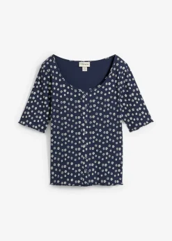 bonprix bonprix Camiseta de canalé con estampado de flores y manga corta Azul marino-blanco lana de flores Outlet
