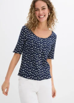 bonprix bonprix Camiseta de canalé con estampado de flores y manga corta Azul marino-blanco lana de flores Outlet