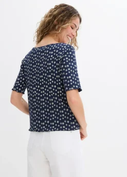 bonprix bonprix Camiseta de canalé con estampado de flores y manga corta Azul marino-blanco lana de flores Outlet