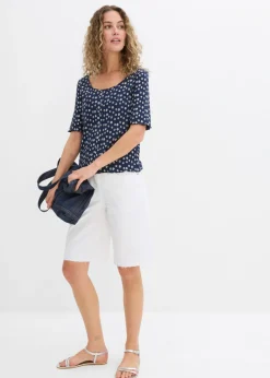 bonprix bonprix Camiseta de canalé con estampado de flores y manga corta Azul marino-blanco lana de flores Outlet
