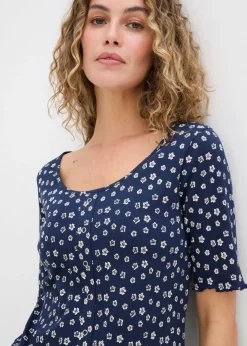 bonprix bonprix Camiseta de canalé con estampado de flores y manga corta Azul marino-blanco lana de flores Outlet