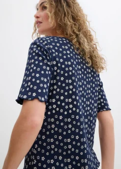 bonprix bonprix Camiseta de canalé con estampado de flores y manga corta Azul marino-blanco lana de flores Outlet