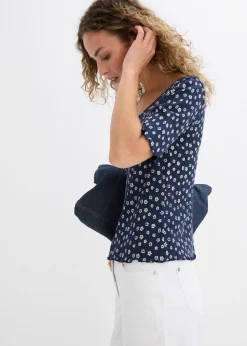 bonprix bonprix Camiseta de canalé con estampado de flores y manga corta Azul marino-blanco lana de flores Outlet