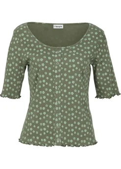 bonprix bonprix Camiseta de canalé con estampado de flores y manga corta Verde oliva de flores