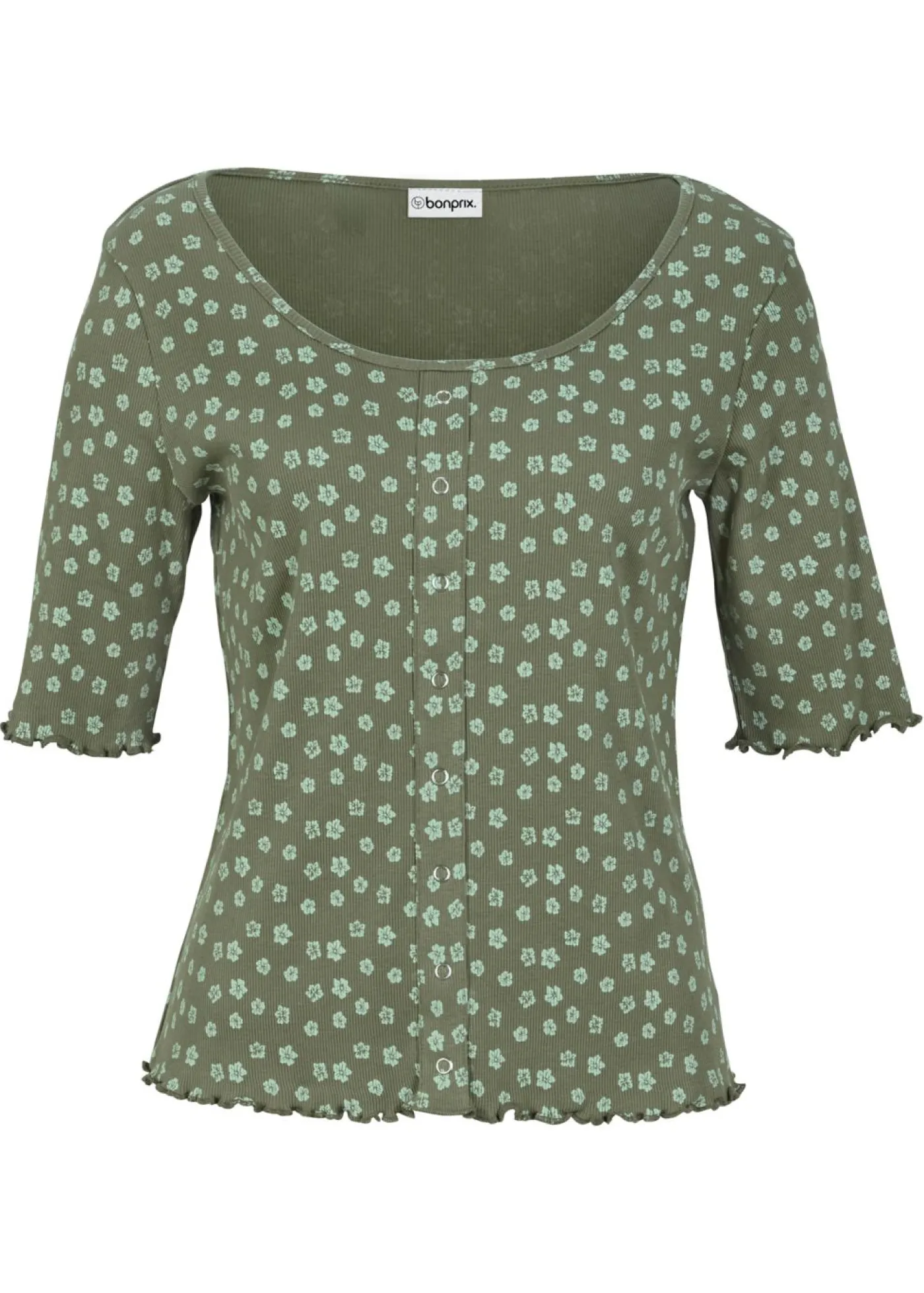 bonprix bonprix Camiseta de canalé con estampado de flores y manga corta Verde oliva de flores