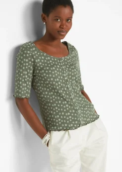 bonprix bonprix Camiseta de canalé con estampado de flores y manga corta Verde oliva de flores