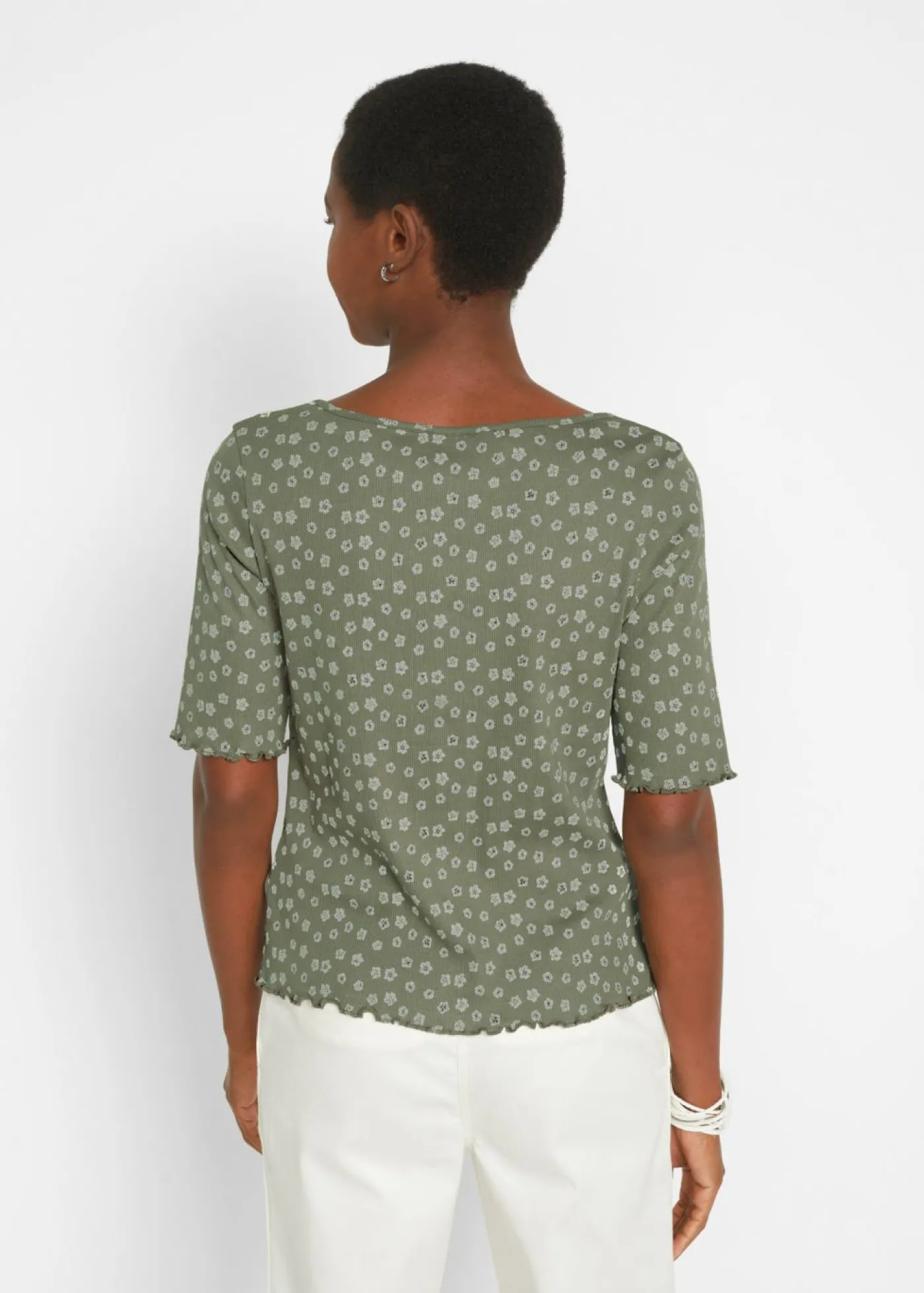 bonprix bonprix Camiseta de canalé con estampado de flores y manga corta Verde oliva de flores
