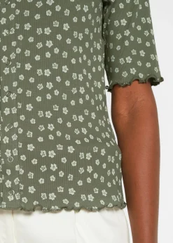 bonprix bonprix Camiseta de canalé con estampado de flores y manga corta Verde oliva de flores