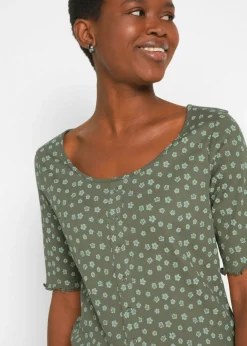 bonprix bonprix Camiseta de canalé con estampado de flores y manga corta Verde oliva de flores