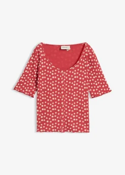 bonprix bonprix Camiseta de canalé con estampado de flores y manga corta Cereza-blanco lana de flores Outlet
