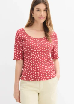 bonprix bonprix Camiseta de canalé con estampado de flores y manga corta Cereza-blanco lana de flores Outlet