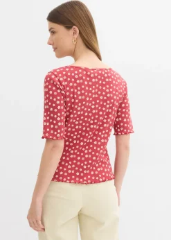 bonprix bonprix Camiseta de canalé con estampado de flores y manga corta Cereza-blanco lana de flores Outlet