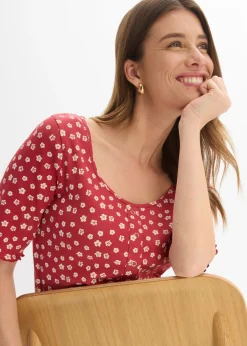 bonprix bonprix Camiseta de canalé con estampado de flores y manga corta Cereza-blanco lana de flores Outlet
