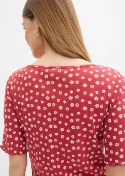 bonprix bonprix Camiseta de canalé con estampado de flores y manga corta Cereza-blanco lana de flores Outlet