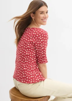 bonprix bonprix Camiseta de canalé con estampado de flores y manga corta Cereza-blanco lana de flores Outlet