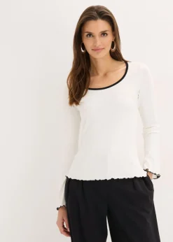 bonprix bonprix Camiseta de canalé con lazo decorativo Blanco lana-negro Outlet