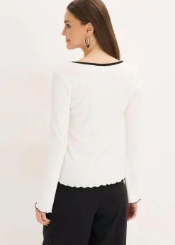 bonprix bonprix Camiseta de canalé con lazo decorativo Blanco lana-negro Outlet