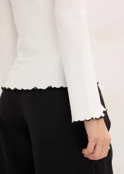 bonprix bonprix Camiseta de canalé con lazo decorativo Blanco lana-negro Outlet