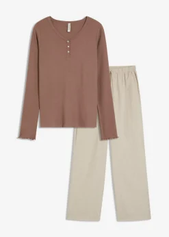 bonprix bonprix Camiseta de canalé con pantalón cómodo marrón mate con rayas Outlet
