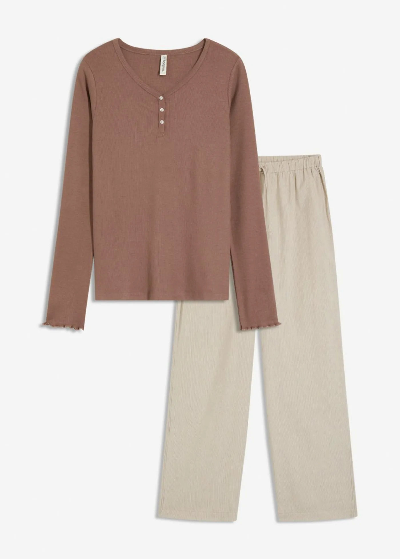bonprix bonprix Camiseta de canalé con pantalón cómodo marrón mate con rayas Outlet