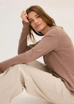 bonprix bonprix Camiseta de canalé con pantalón cómodo marrón mate con rayas Outlet