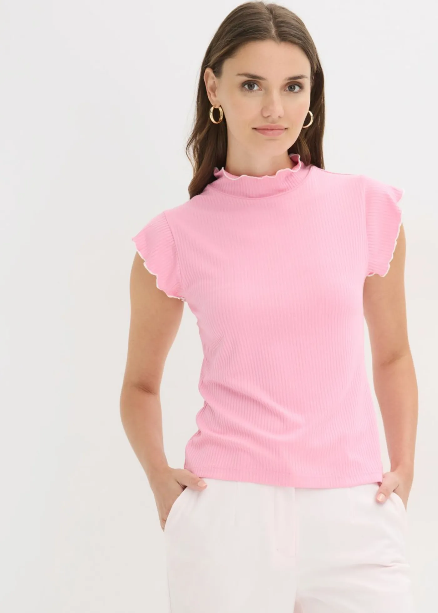 bonprix bonprix Camiseta de canalé de mezcla de viscosa Rosa-blanco lana Outlet