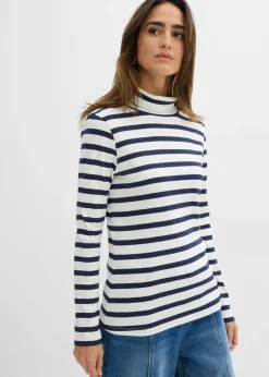 bonprix bonprix Camiseta de cuello vuelto de algodón orgánico puro Blanco lana-azul marino con rayas