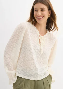 bonprix bonprix Camiseta de encaje con mangas abullonadas Blanco lana