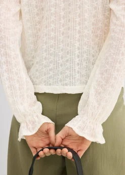 bonprix bonprix Camiseta de encaje con mangas abullonadas Blanco lana