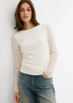 bonprix bonprix Camiseta de encaje de manga larga Blanco lana Online