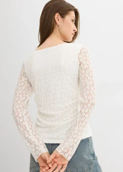 bonprix bonprix Camiseta de encaje de manga larga Blanco lana Online