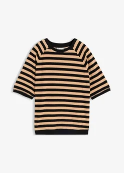 bonprix bonprix Camiseta de felpa suave negro-beige suave con rayas Hot