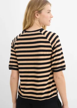 bonprix bonprix Camiseta de felpa suave negro-beige suave con rayas Hot