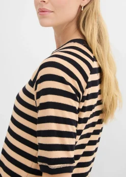 bonprix bonprix Camiseta de felpa suave negro-beige suave con rayas Hot