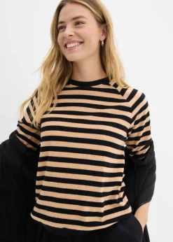 bonprix bonprix Camiseta de felpa suave negro-beige suave con rayas Hot