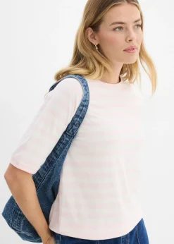 bonprix bonprix Camiseta de felpa suave rosa claro-blanco lana con rayas Best