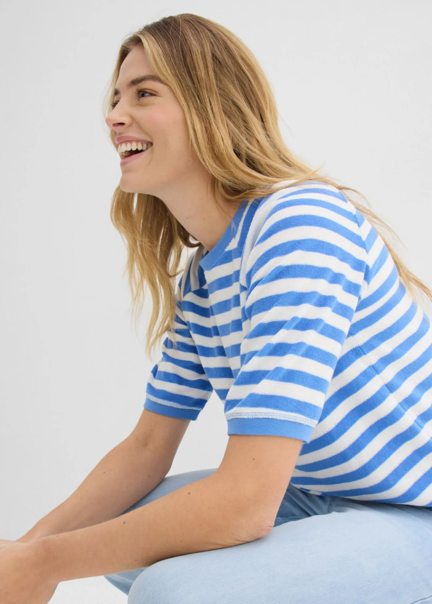bonprix bonprix Camiseta de felpa suave azul provenzal-blanco lana con rayas Discount