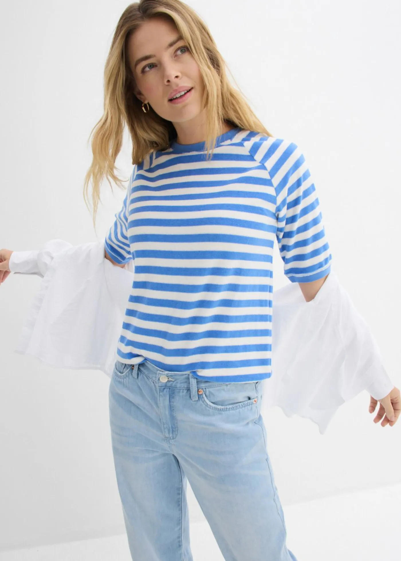 bonprix bonprix Camiseta de felpa suave azul provenzal-blanco lana con rayas Discount