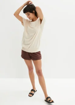 bonprix bonprix Camiseta de hilo flameado de algodón orgánico con cuello de nido de abeja Beige-arena Clearance