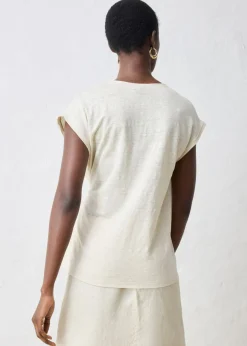 bonprix bonprix Camiseta de lino puro con ribete tejido Arena claro Outlet