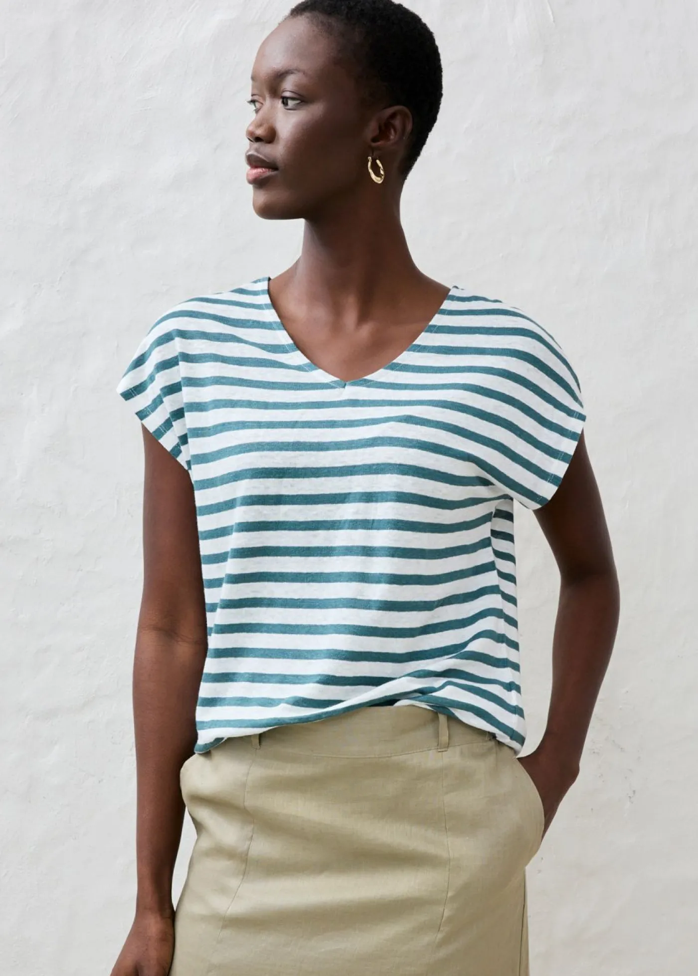 bonprix bonprix Camiseta de lino puro con mangas tipo murciélago Verde pimiento-blanco con rayas Best