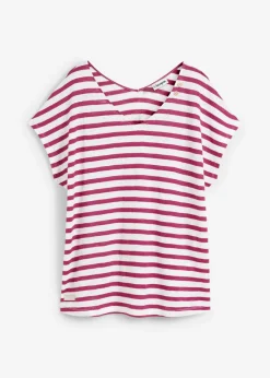 bonprix bonprix Camiseta de lino puro con mangas tipo murciélago violeta/blanco con rayas Outlet
