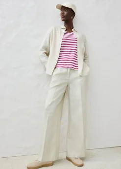 bonprix bonprix Camiseta de lino puro con mangas tipo murciélago violeta/blanco con rayas Outlet