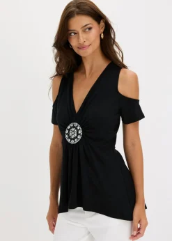 bonprix bonprix Camiseta de malla con hombros al descubierto Negro Discount