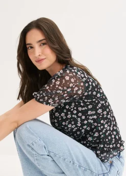 bonprix bonprix Camiseta de malla delicada Negro de flores
