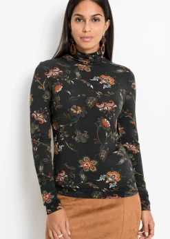 bonprix bonprix Camiseta de manga larga con cuello vuelto Negro de flores Best