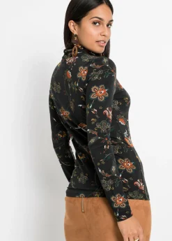 bonprix bonprix Camiseta de manga larga con cuello vuelto Negro de flores Best