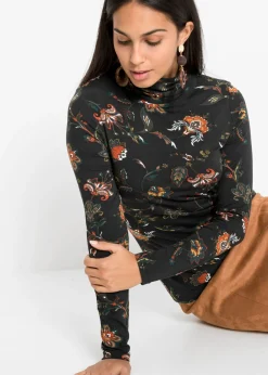 bonprix bonprix Camiseta de manga larga con cuello vuelto Negro de flores Best