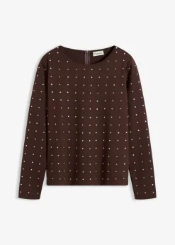bonprix bonprix Camiseta de manga larga con aplicación de piedras brillantes Marrón oscuro Sale